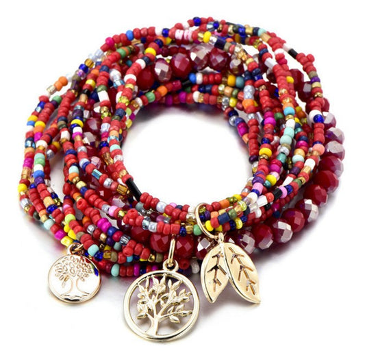 Red Boho Beaded Bracelet Stack